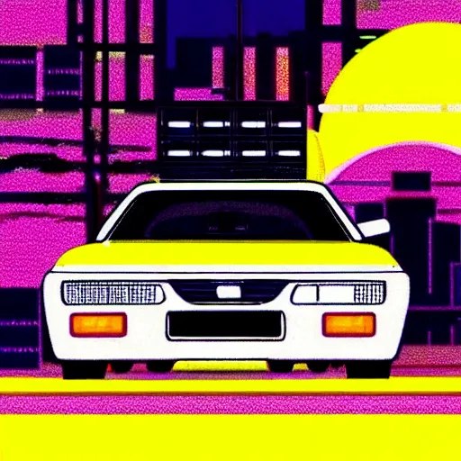 Prompt: girl driver her car in sunset, sprite, vaporwave nostalgia, directed by beat takeshi, visual novel cg, 8 0 s anime vibe, kimagure orange road, maison ikkoku, initial d, sketch by osamu tezuka, directed by hideki anno