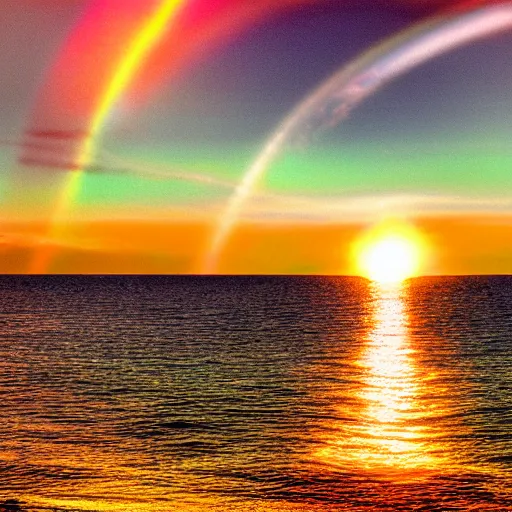 Image similar to captured image of a sun-dog, deeply saturated sky, ocean, tranquil, nostalgic