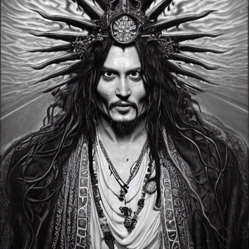 Image similar to photorealistic johnny depp as god in the style of michael whelan and gustave dore. hyperdetailed photorealism, 1 0 8 megapixels, amazing depth, glowing rich colors, powerful imagery, psychedelic overtones, 3 d finalrender, 3 d shading, cinematic lighting, artstation concept art