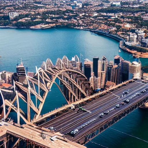 Prompt: A moshpit on top of the Sydney harbor bridge, drone photograph