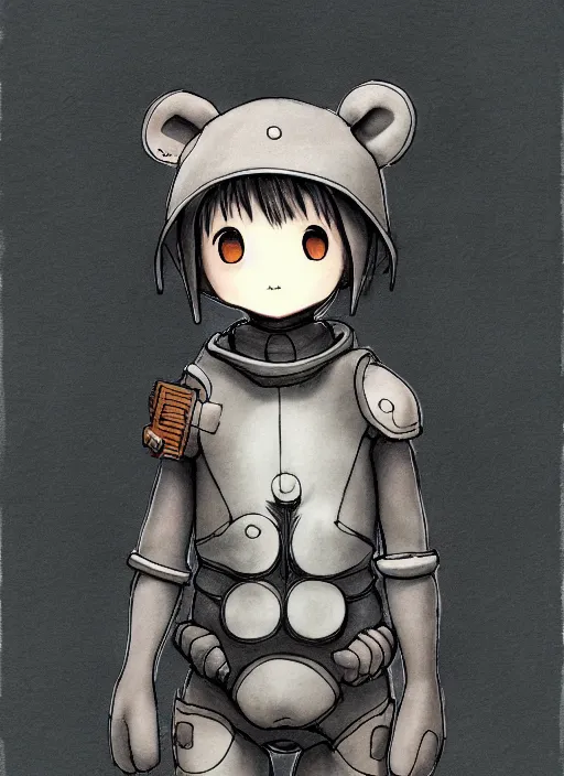 Image similar to beautiful little boy wearing an cyborg bear suit, artwork in kentaro miura and made in abyss and rosdraws, smooth, beautiful lightness, anatomically correct, trending on pixiv, forest