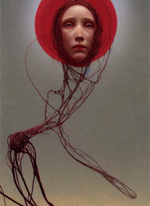 Image similar to Woman masterpiece, red, golden halo behind her head, red wires wrap around, by Edgar Maxence and Ross Tran, Zdzisław Beksiński, and Michael Whelan, distant, gustav dore, H.R. Giger, 8k, octane render