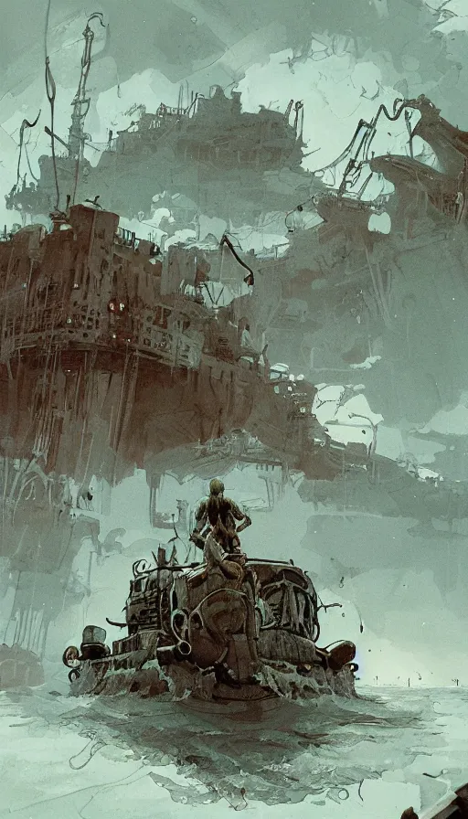 Prompt: man on boat crossing a body of water in hell with creatures in the water, sea of souls, by ian mcque