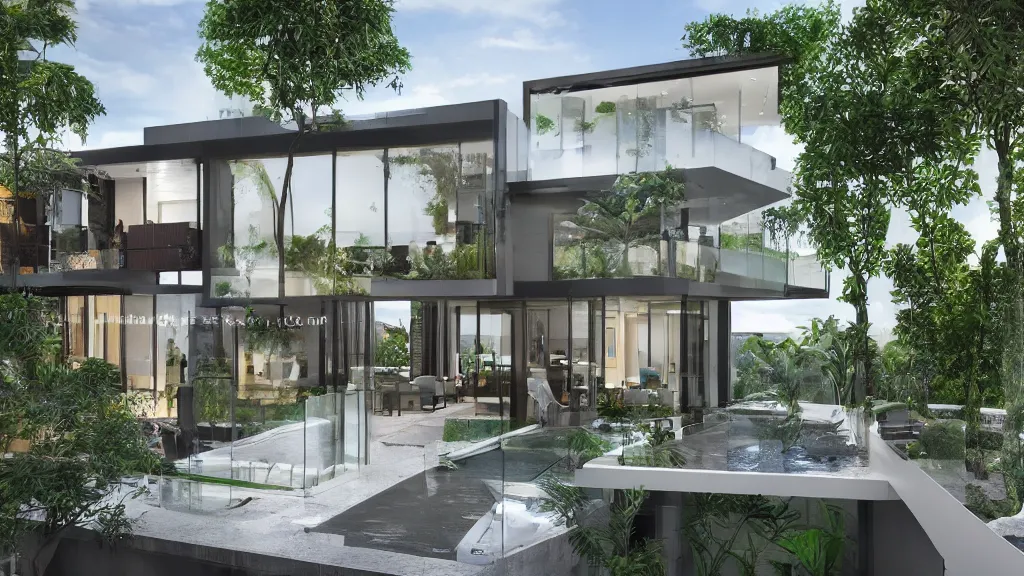 Prompt: overall architectural design, two storey glassy residential, small waterfall decoration from the right top corner of the residential, island, cinematic lighting, high details, realistic, manimalist ， view from below, daytime