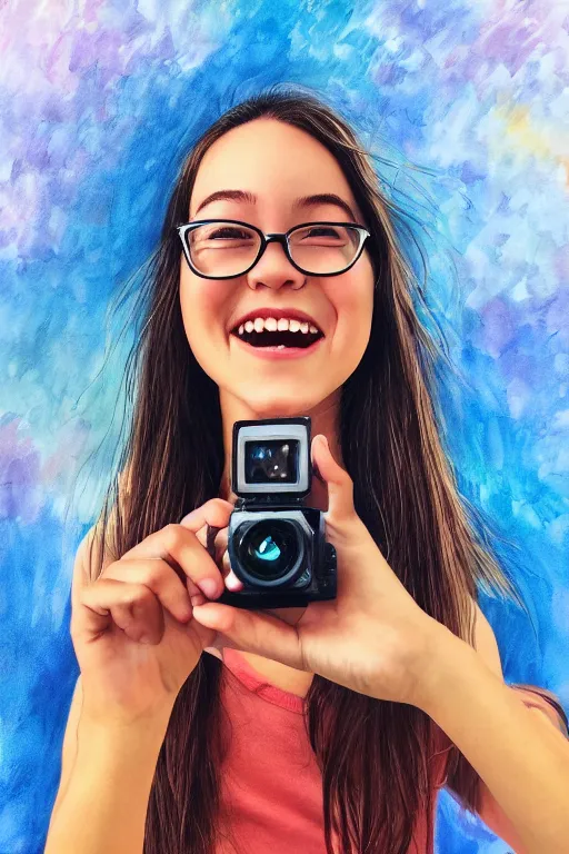 Prompt: a smiling girl taking a zoomed out selfie, hyper realistic photography, highly detailed, sharp focus, good vibes, realistic, highly detailed attribute, award winning, art by portrait realistic illustrators