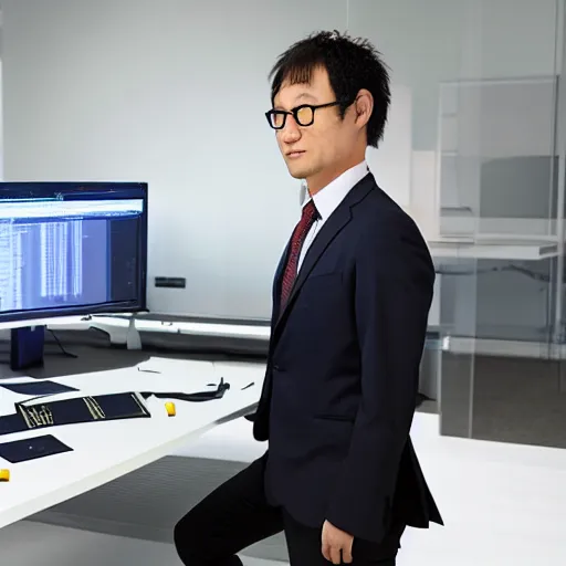 Prompt: UHD hyperrealistic photorealistic detailed image of Naoki Yoshida standing in an office, leading on programmers, coders and animators to finish A Realm Reborn in time