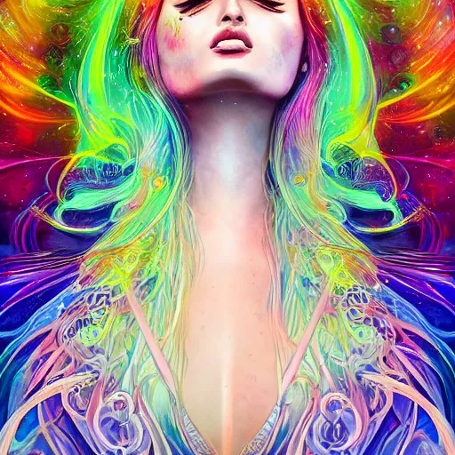 Prompt: a silk portrait of kim petras with her eyes closed, galaxy colored psychedelic chakra awakening kundalini ethereal vibes, transcending to a higher plane of existence, eternal blessing, multiverse, visionary art, by android jones, artstation, deviantart