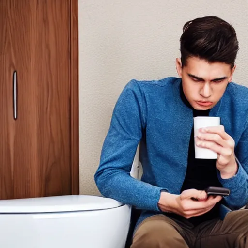 Prompt: a thoughtful wealthy young man sitting on top of the toilet drinking coffee and scrolling tiktok on his iphone, distant thoughtful look