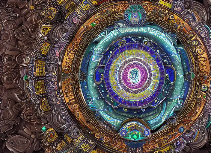 Image similar to hyperrealism, detailed textures, photorealistic 3 d render, a coloured beautiful mystical tibetan kalachakra crystal mandala with sanskrit writing, sharp focus, ultra realistic, ultra high pixel detail, cinematic, intricate, cinematic light, concept art, illustration, art station, unreal engine 8 k