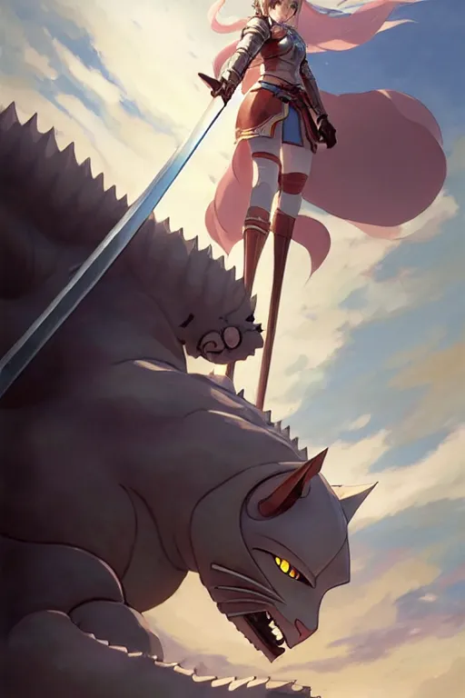 Image similar to a full body of the female knight riding a giant cat with gigantic sword, finely detailed features, closeup at the faces, perfect art, gapmoe yandere grimdark, trending on pixiv fanbox, painted by miura kentaro greg rutkowski makoto shinkai takashi takeuchi studio ghibli, akihiko yoshida