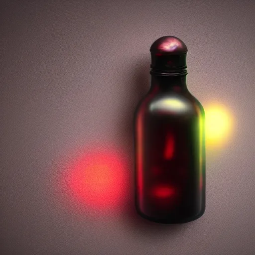 Prompt: bottle of love and dreams, hyper realistic, rendered in octane, glowing, dark background