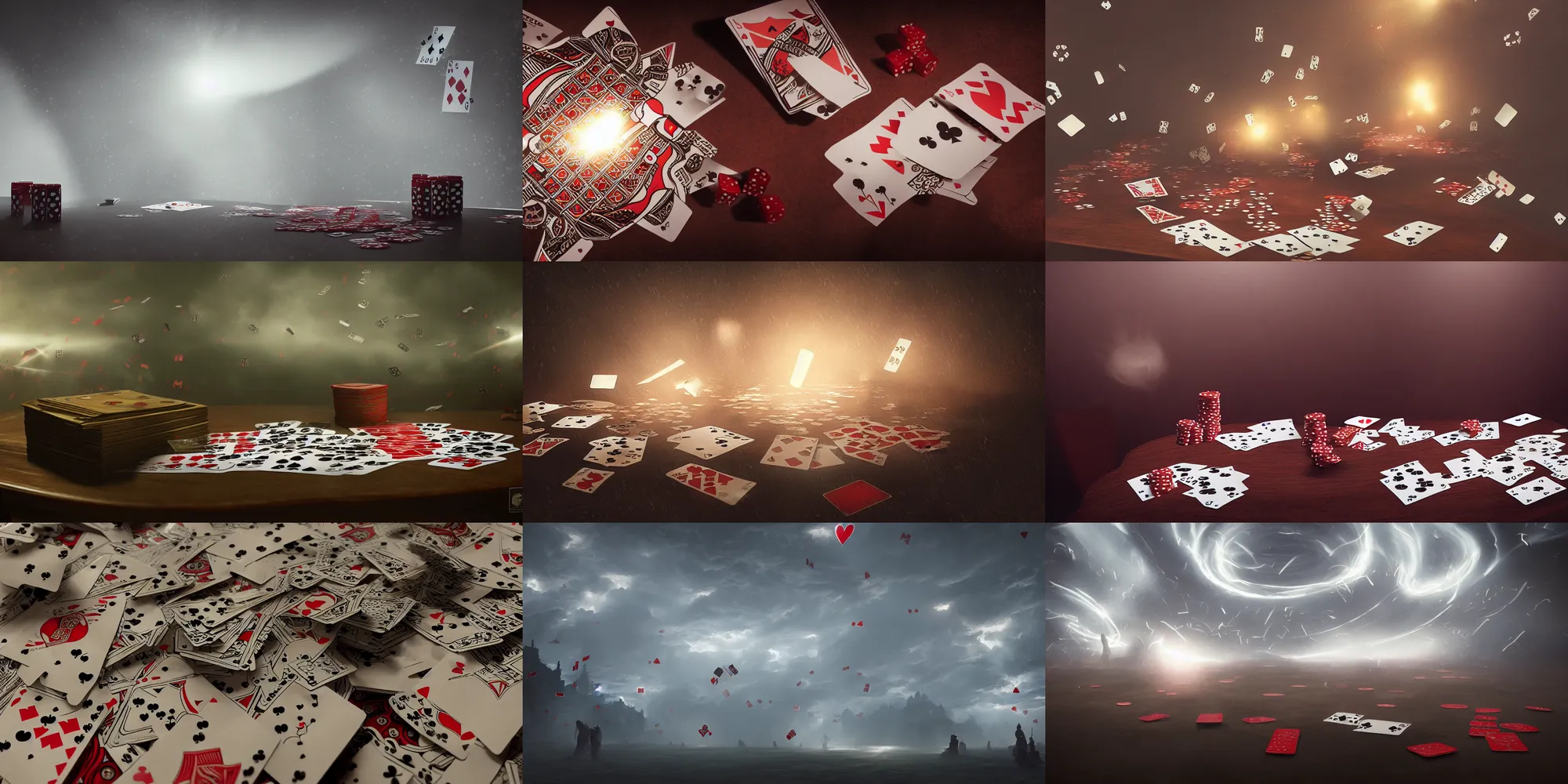 Prompt: whirlwind of playing cards, playing cards, playing cards, playing cards, volumetric lighting, landscape, by greg rutkowski