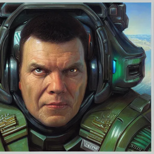 Image similar to The Doomguy, close-up Sci-Fi portrait art by Donato Giancola and James Gurney, digital art, trending on artstation