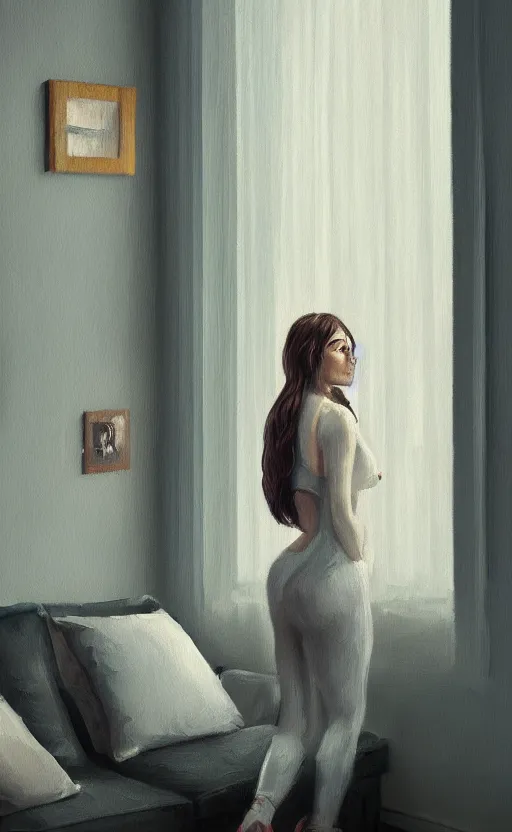 Image similar to oil painting of a beautiful woman in a cozy, comfort home, dimly lit, modern apartment, city from the window, insanely detailed, artstation, digital painting, cinematic lighting