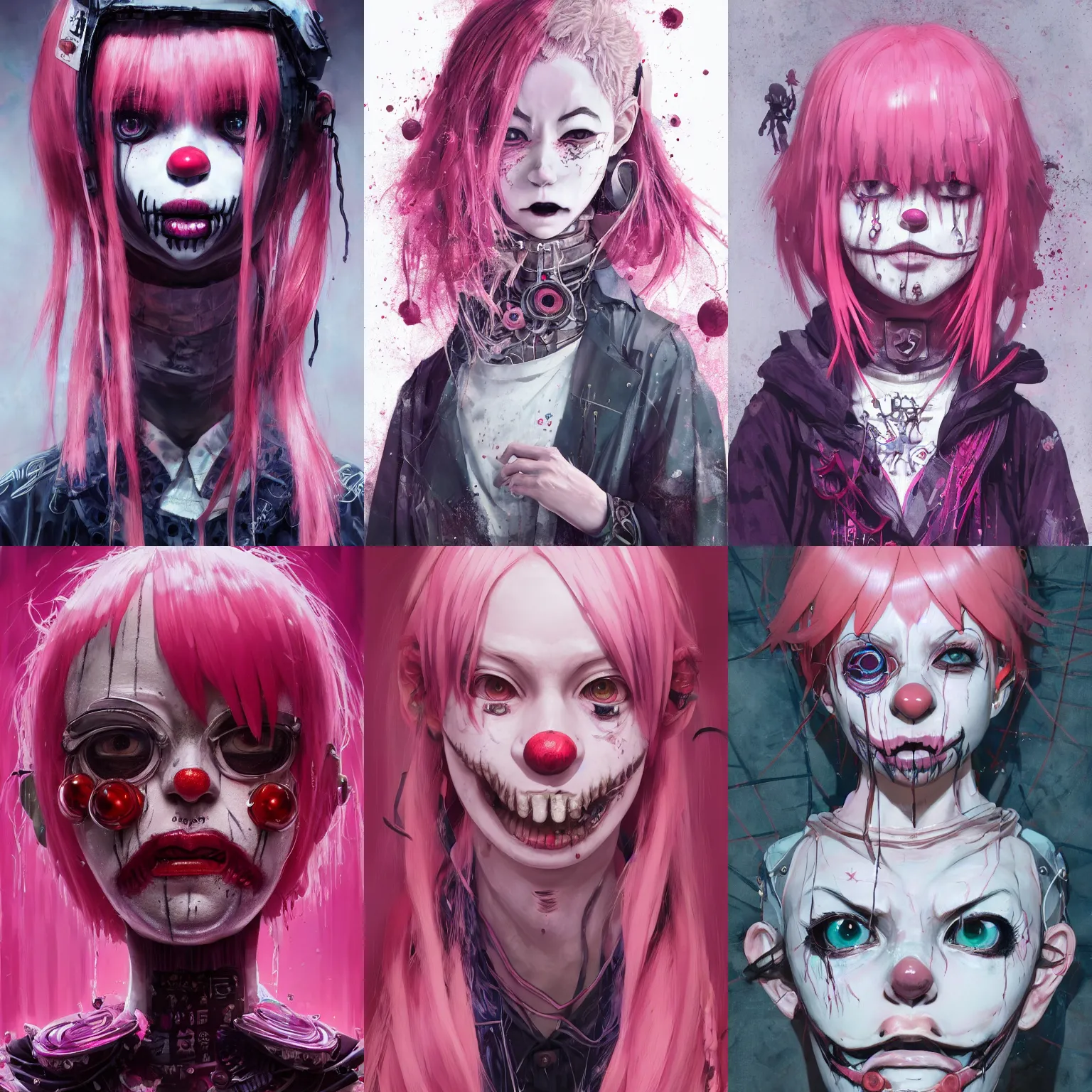 Image similar to by kyoto animation, very creepy clown girl pink hair, tears from the eyes, wearing cyberpunk intricate streetwear, beautiful, detailed portrait, intricate complexity, ilya kuvshinov, cell shaded, 4 k, concept art, by wlop, ilya kuvshinov, greg rutkowski, sharp focus, volumetric lighting, cinematic lighting