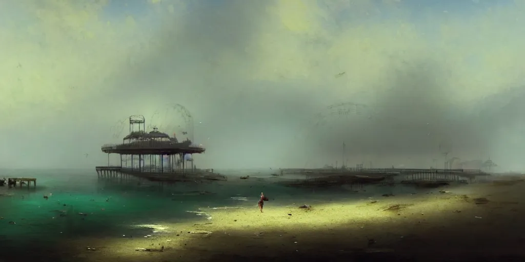 Prompt: concept art of a polluted beachfront with a broken pier and abandoned amusement park attractions, grimy, gritty, trending on artstation, award winning painting, cgi, art by ivan aivazovsky and john howe and filip hodas and zhang kechun