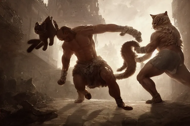 Image similar to a muscular tunisian man fighting a cat wearing crown, digital painting, volumetric light, intricate, sharp, focus, bloom, illustration, highly detailed, concept art, matte, ruan jia, randy vargas, greg rutkowski