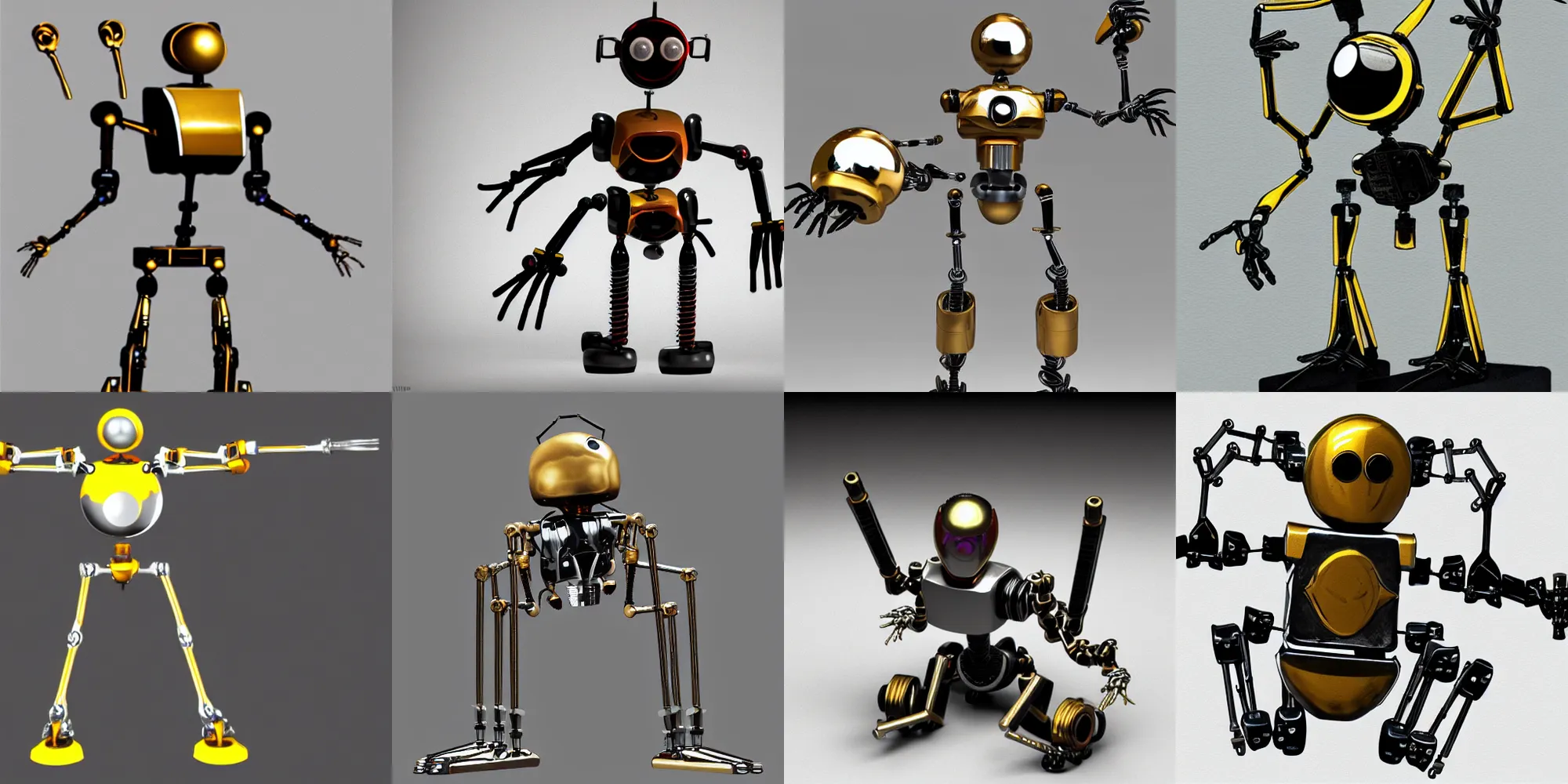 Prompt: 2ft tall spider legged robot with buzz saw arms, silver and gold, concept art