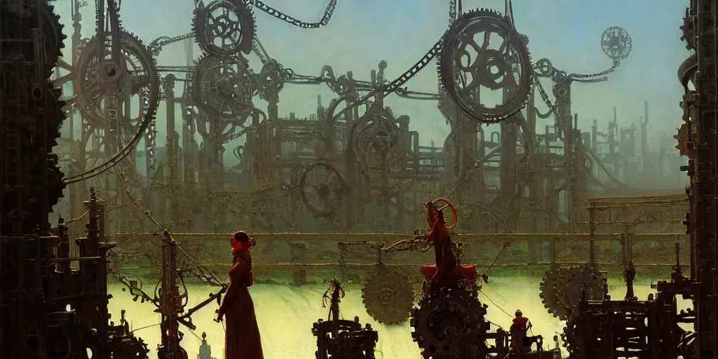 Image similar to giant interlocked gears clockwork, giant mechanisms, industry, villages castles, buildings vista artstation illustration sharp focus sunlit vista painted by ruan jia raymond swanland lawrence alma tadema zdzislaw beksinski norman rockwell tom lovell alex malveda greg staples