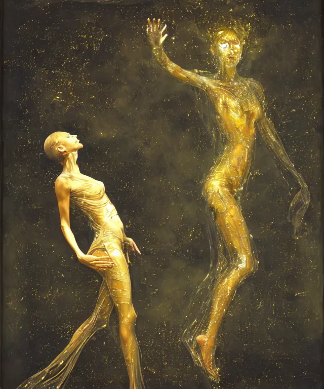 Prompt: Beautiful full-body wax sculpture of a glowing clothed transparent woman in a glowing dress with visible gold bones, fishes, butterflies, and a brain covered with melted white wax inside the singularity where stars becoming baroque folds of dark matter by Michelangelo da Caravaggio, Nicola Samori, William Blake, Alex Grey and Beksinski, dramatic volumetric lighting, highly detailed oil painting, 8k, masterpiece