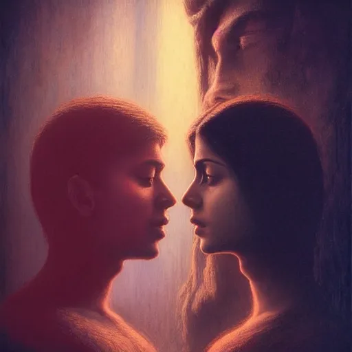 Image similar to perfectly - centered movie promotional poster - photograph of a young indian guy and a beautiful girl side profile faces symmetrical ; real life portrait by beksinski and jean delville, romantic theme, two lovers sharing one heart, unreal engine 5, photorealism, hd quality, 8 k resolution, cinema 4 d, hdr dramatic lighting ; symmetrical, cinematic, high coherence