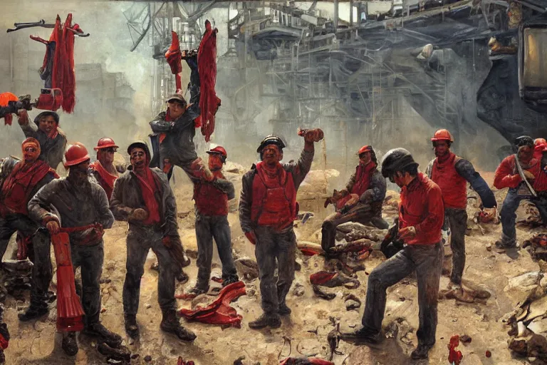 Prompt: oil painting of intense dramatic still of a ragtag group of miners and factory workers with improvised weapons and pistols and red scarves below their necks, on the surface of an asteroid, outside of a high tech scifi industrial building, medium shot, oil painting by charles frederic ulrich, pablo olivera, normal rockwell, greg rutkowski, trending on artstation, incredible detail