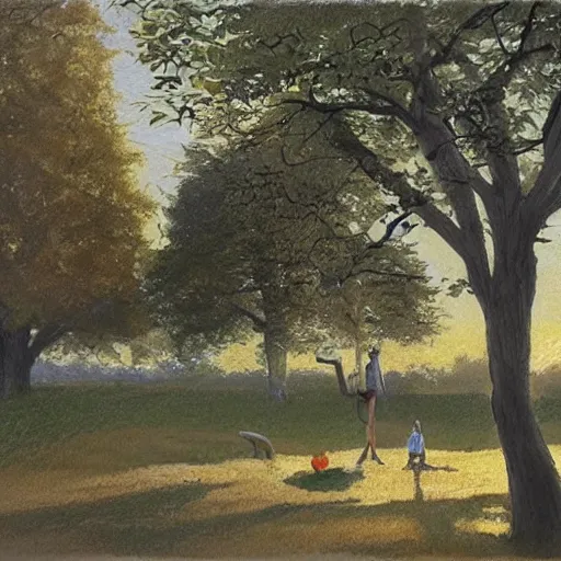 Prompt: Drawing. Conceptual art, the warm, golden light of the sun casts a beautiful glow on the scene, and the gentle breeze ruffles the leaves of the trees. The figures in the conceptual art are engaged in a simple activity, the way they are positioned and the expressions on their faces suggest a deep connection. Peace and contentment, idyllic setting. by Marc Simonetti, by Igor Zenin frightful