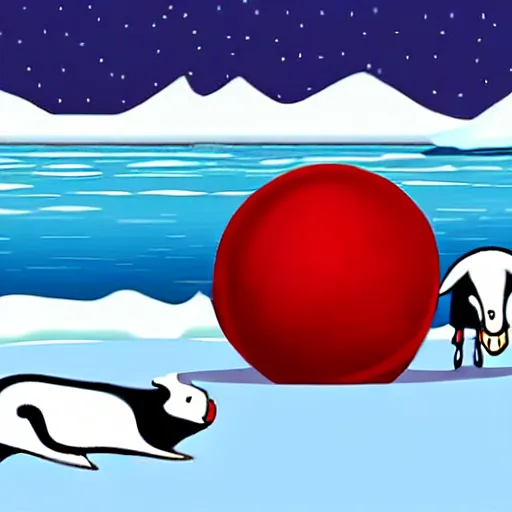 Image similar to cartoon drawing of a seal tossing a red ball with a sheep in antarctica. the seal's head is sticking out above the water and the sheep is standing near the edge of ice