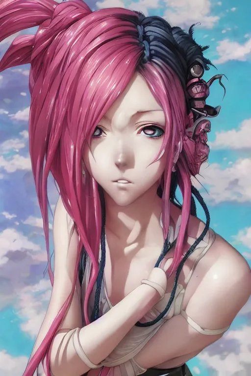 Image similar to portrait of an anime manga girl with pink and white dreads, straight on portrait, by artgerm, james jean, tom bagshaw, gerald brom, vaporwave colors, lofi colors, vaporwave, lofi, goth vibe, 4 k, smooth, hd, substance designer render, full body character concept art, symmetrical, perfect face, detailed face,