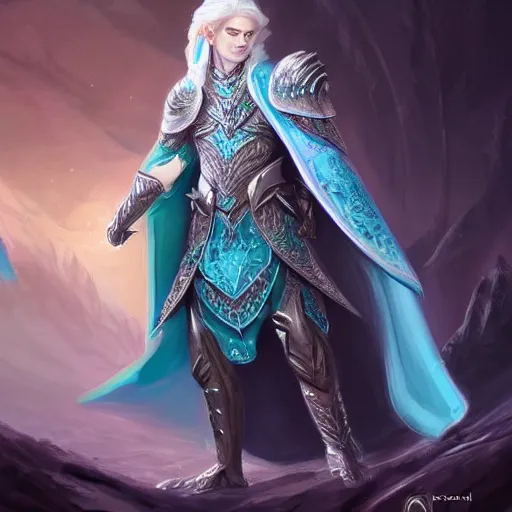 Image similar to handsome male snow elf in a turquoise cape and silver ornate armour, albino skin, ultra detailed fantasy, elden ring, realistic, dnd character portrait, full body, dnd, rpg, lotr game design fanart by concept art, behance hd, artstation, deviantart, global illumination radiating a glowing aura