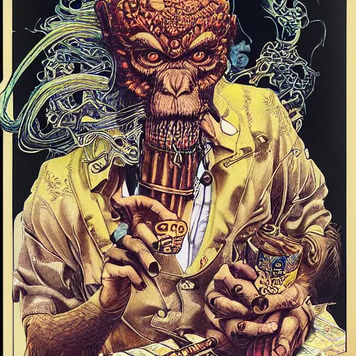 Image similar to portrait of crazy monkey smoking cigar, symmetrical, by yoichi hatakenaka, masamune shirow, josan gonzales and dan mumford, ayami kojima, takato yamamoto, barclay shaw, karol bak, yukito kishiro