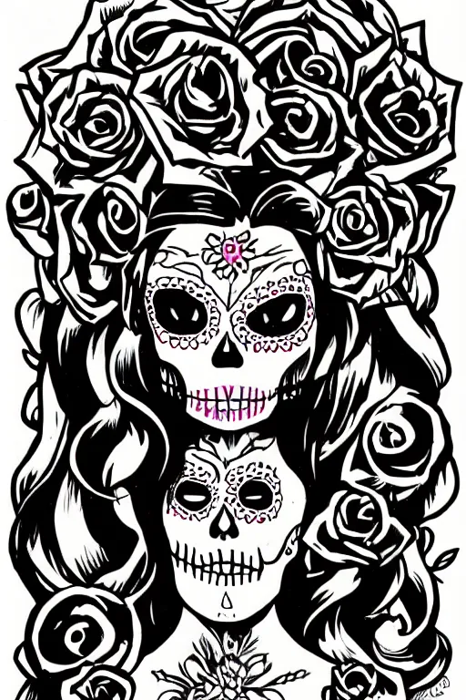 Image similar to illustration of a sugar skull day of the dead girl, art by mike mignola