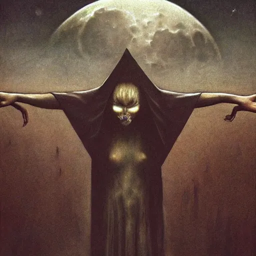 Prompt: occult witch hailing the full moon in a satanistic ritual, dark, mysticism, highly detailed, beksinski, 8 k, ultra high quality, cinematic lighting, dramatic, elegant, hyper realistic, zen