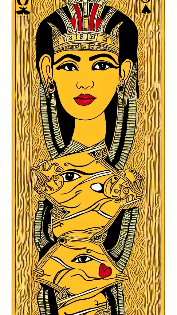 Prompt: beautiful cute egyptian queen of hearts with golden crown, playing card, head shot, photorealistic, single person, one head, dynamic medium shot, symmetrical face portrait, golden hour, portrait