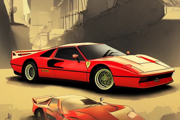 Image similar to Ferrari 288 GTO, highly detailed, digital painting, artstation, concept art, sharp focus, illustration, art by artgerm and greg rutkowski and alphonse mucha