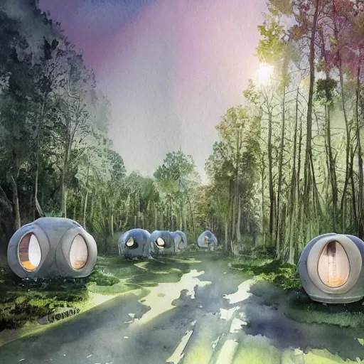 Image similar to beautiful happy picturesque charming organic sci - fi town with pod homes integrated in a forest area. water and trees. beautiful light. soft colour scheme. beautiful artistic detailed watercolor by lurid. ( 2 0 2 2 )