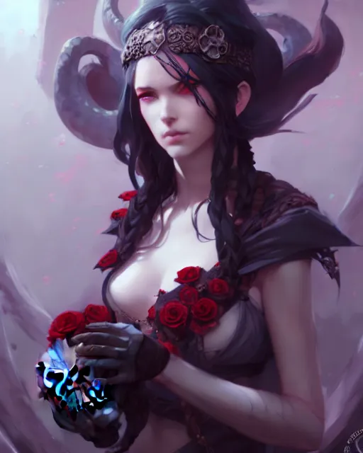 Prompt: dressed dark sorceress surrounded by skulls and roses, atmospheric, cushart krenz, very detailed, realistic face, detailed face, matte, tonemapping, bbwchan, perfection, 4 k, cushart krenz