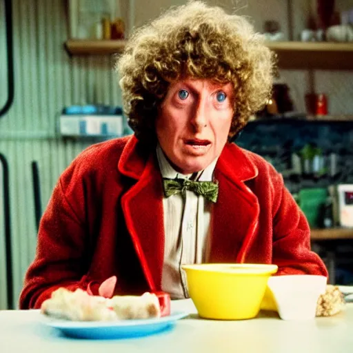Prompt: film still of Tom Baker as The Fourth Doctor eating ice-cream in new Stranger Things movie episode, 4k