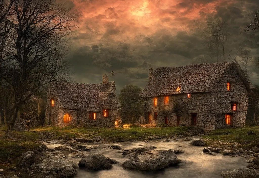 Image similar to a small stone medieval house near a small river at sunset, dramatic lighting, cinematic lighting, HDR, highly detailed, high quality, Seb McKinnon style, 8k, anime style