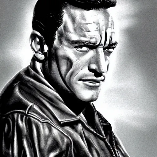 Image similar to a game art portrait, Gene Kelly as the terminator, by Steve Argyle, hyperrealism