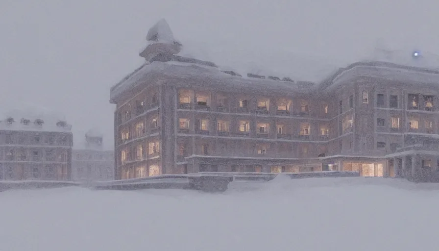 Image similar to Overlook Hotel from Shining under tons of snow during snowstorm, hyperdetailed, artstation, cgsociety, 8k