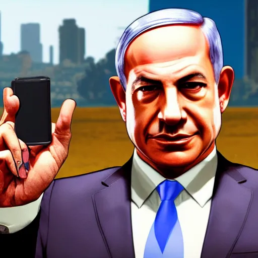 Image similar to GTA V loading screen depicting Benjamin Netanyahu holding a phone and doing a peace sign, hot babes in the background, highly detailed