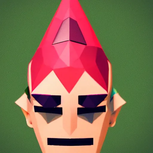 Image similar to low poly video game character with a round pink head, a green mohawk, green eyebrows and a long red pointy nose