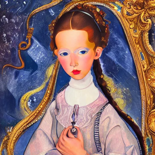 Prompt: 🌌 hyperdetailed maximalist elaborate half - lenght portrait of a futuristic a beautiful child, wearing long clothing. rococo architecture, in the style of modigliani and mixed media collage. matte background hd 8 x