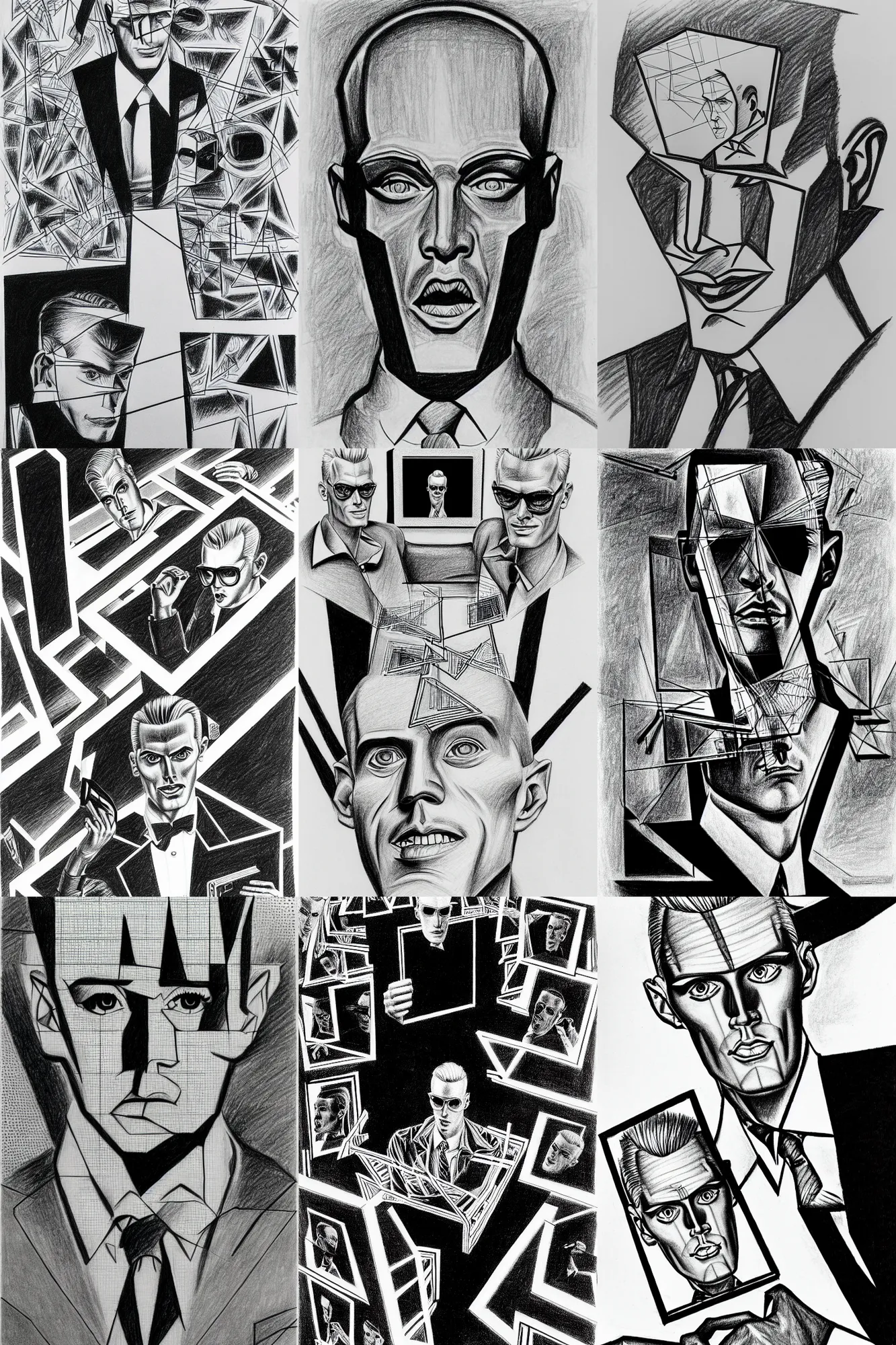 Prompt: mc escher drawing of max headroom drawing himself on cyberspace tv, recursive pencil drawing, very detailed and mathematical