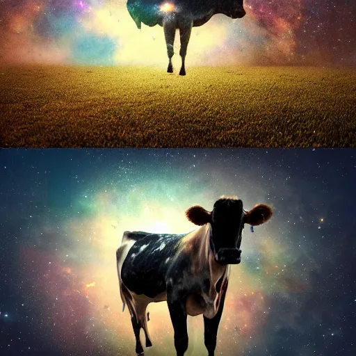 Prompt: a detailed picture of stars and a nebula shaped like a cow in a grassy field wearing a witch hat, cow wearing hat!!! viewed in profile and far away, fog in the background, ultrawide lens, aerial photography, black and blue color scheme with gold highlights, art by wlop and mars ravelo, artstation, 8 k