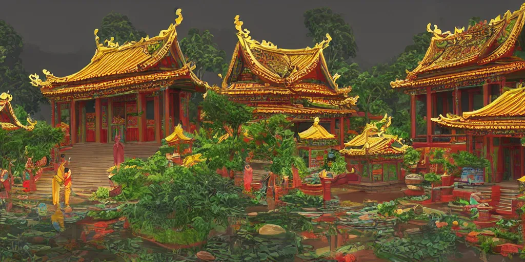 Image similar to vietnamese temple scene, 2 d side - scroller game art background, sharp, detailed, intricate, game level design, cinematic lighting, trending on artstation, in style of vinodh sivaraja and lam manh