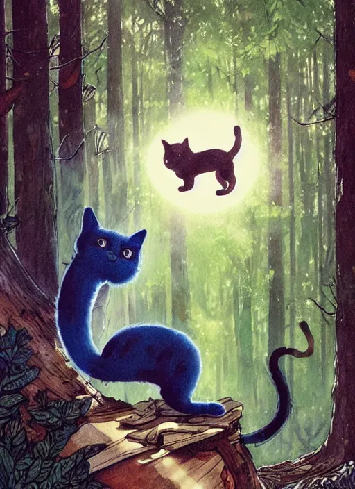 Image similar to a hyper realistic ink cat and the meaning of life and sunbeams blue sky, lush forest comic painting by chiara bautista and norman rockwell and greg rutkowski weta studio, and lucasfilm