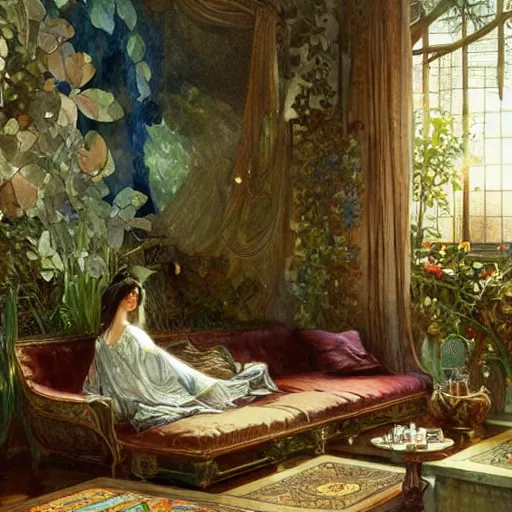 Image similar to a beautifull intricate watercolour painting of a living room with leaves, reflexions, verry high details by william turner art, greg rutkowski and alphonse mucha, trending on artstation, very very detailed, masterpiece, muted colors