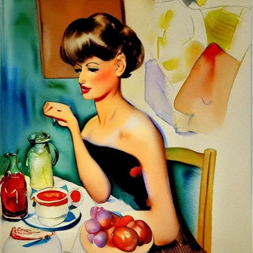 Prompt: blonde woman making breakfast abstract watercolor painting by gil elvgren and vladimir volegov and picasso